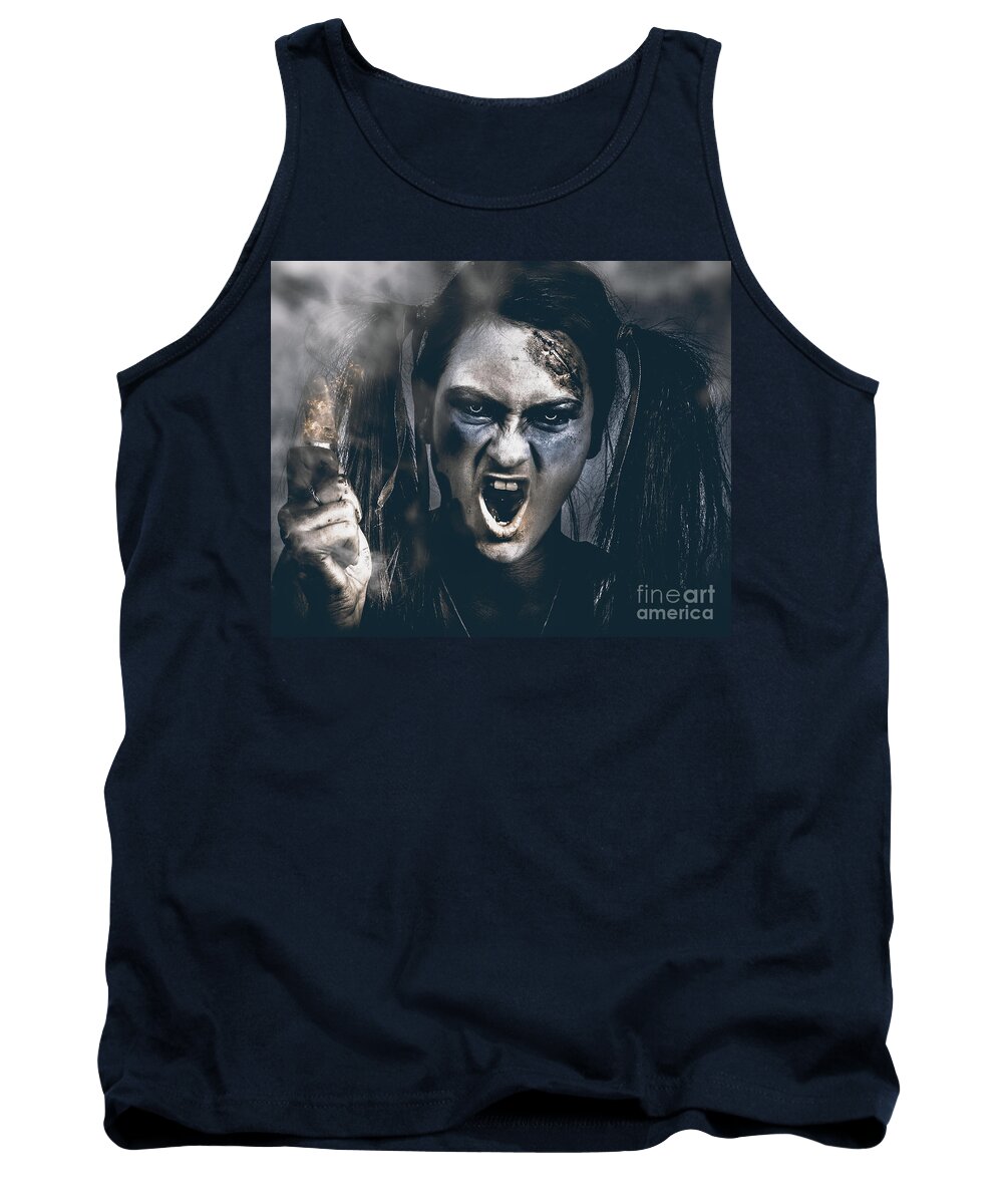 Face Tank Top featuring the photograph Spooky portrait of dead school girl giving finger #1 by Jorgo Photography