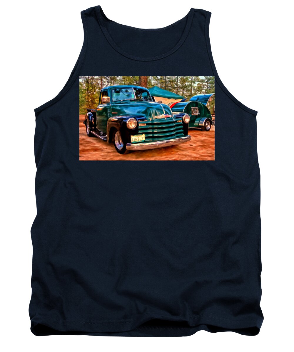 Teardrop Trailers Tank Top featuring the painting '51 Chevy Pickup with Teardrop Trailer #51 by Michael Pickett