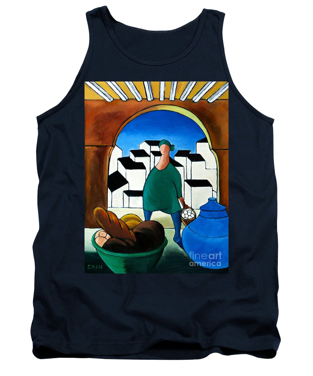 Mediterranean Village Tank Top featuring the painting Arch Bread Eggs And Blue Vase by William Cain