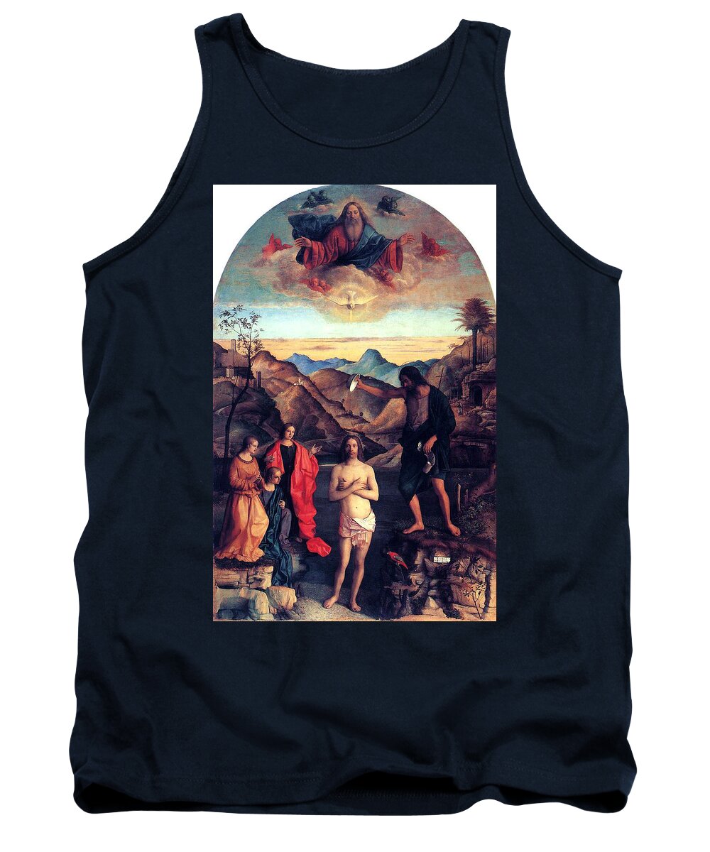 Baptism Of Christ Tank Top featuring the painting Baptism of Christ with Saint John 1502 Giovanni Bellini by Karon Melillo DeVega