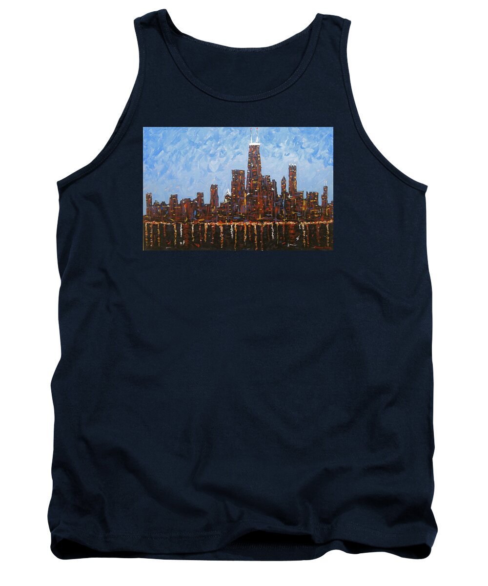 Chicago At Night Painting Tank Top featuring the painting Chicago Skyline at Night from North Avenue Pier by J Loren Reedy