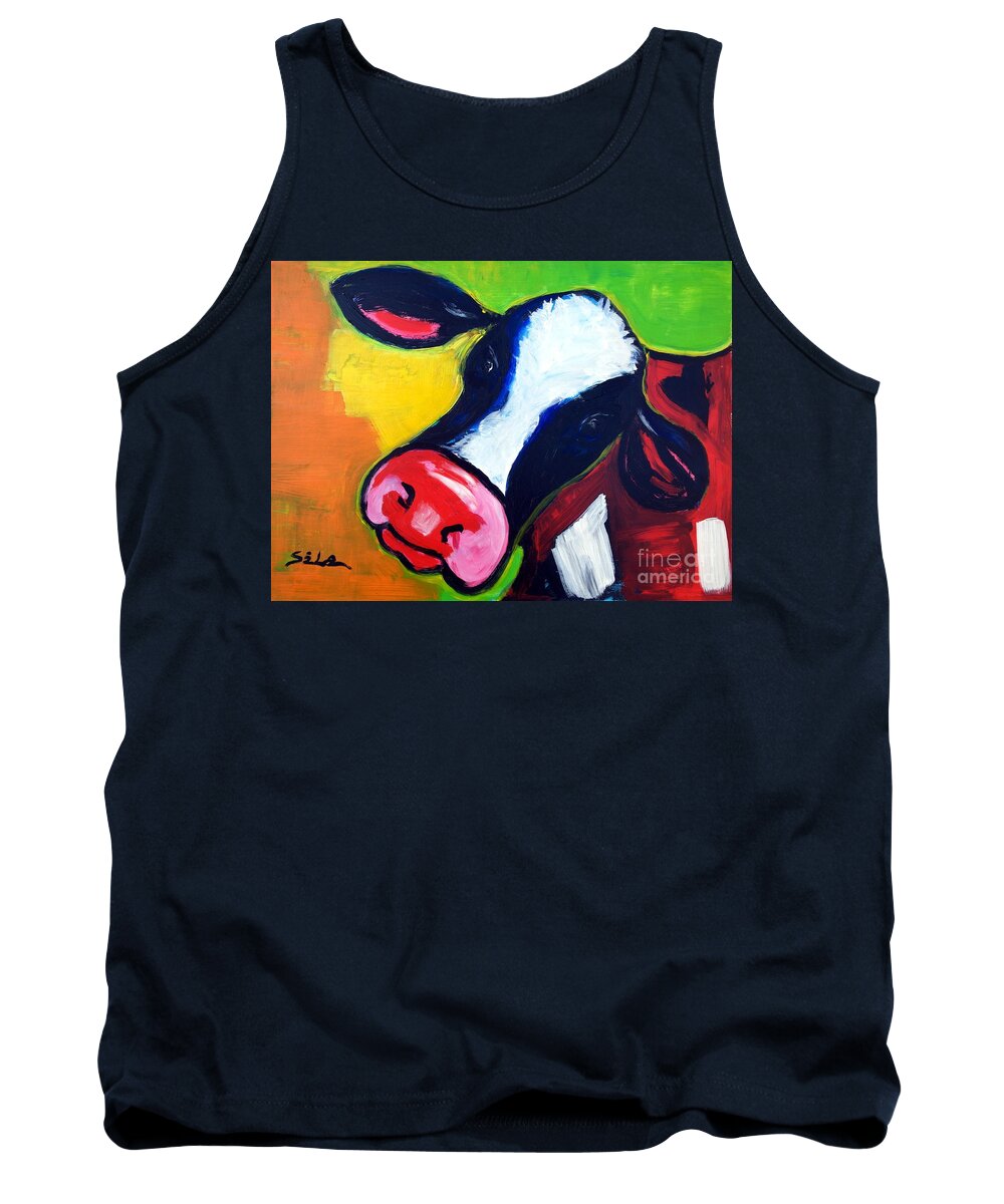 Colorful Animal Art Tank Top featuring the painting Colorful Cow by Lidija Ivanek - SiLa