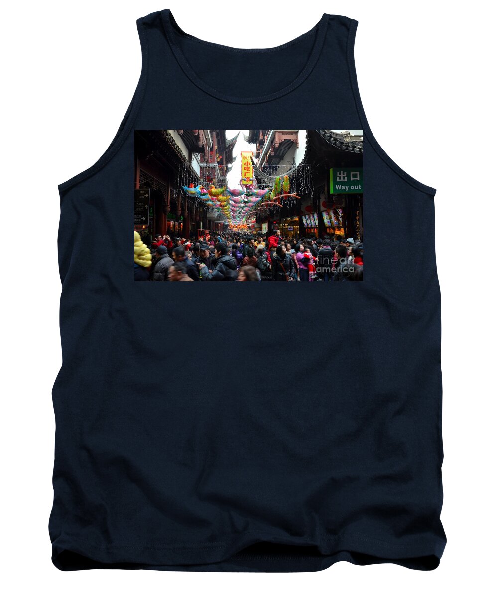 Temple Tank Top featuring the photograph Crowds throng Shanghai Chenghuang Miao Temple over Lunar New Year China by Imran Ahmed