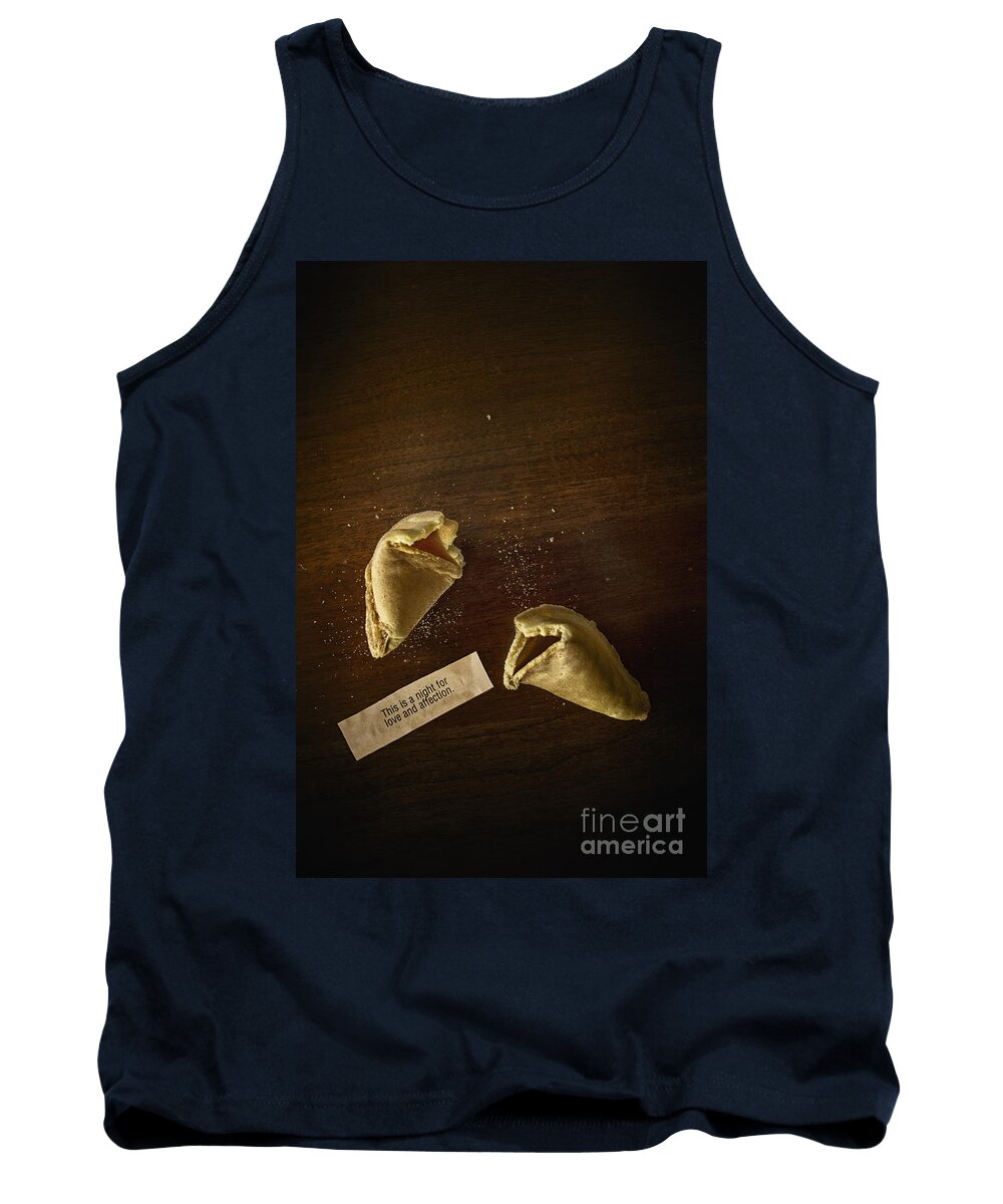 Fortune; Cookie; Fortune Cookie; Proverb; Chinese; Food; Broke; Broken; Paper; Table; Dessert; Treat; Love; Affection; Prediction; Predict; Chance; Crumbs; Print; Printed; Paper; Fun; Hope; Desire; Words Tank Top featuring the photograph Fortune by Margie Hurwich