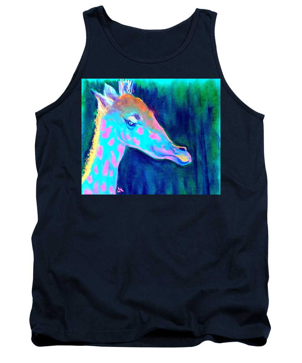 Animals Tank Top featuring the painting Funky Blue Giraffe Smile by Sue Jacobi