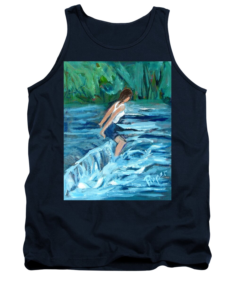 Girl With Camisole Top In Water Tank Top featuring the painting Girl Bathing in River Rapids by Betty Pieper
