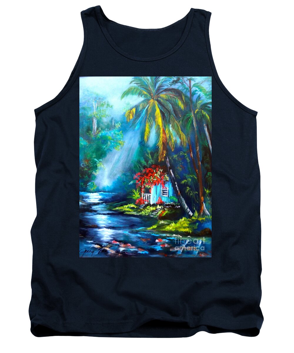 Hawaii Tank Top featuring the painting Hawaiian Hut in the Mist by Jenny Lee