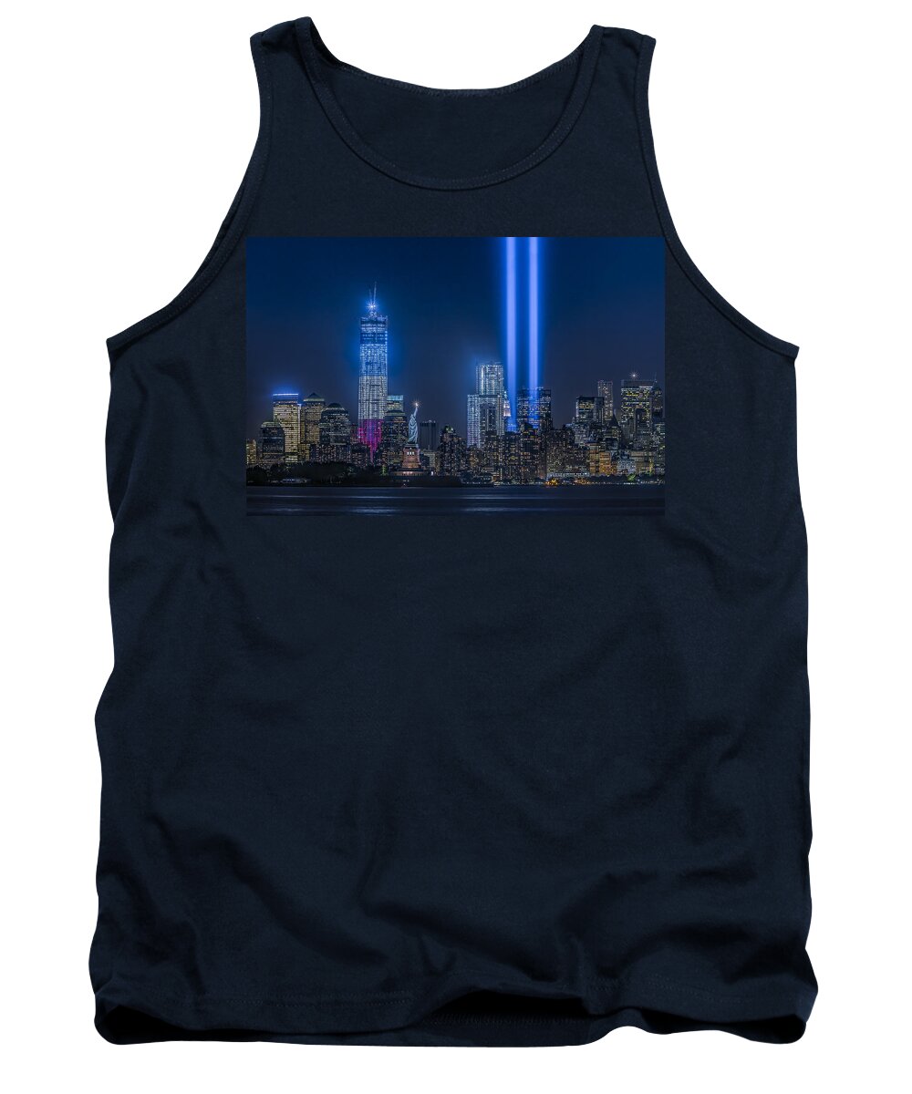 Tribute In Light Tank Top featuring the photograph New York City Tribute In Lights by Susan Candelario