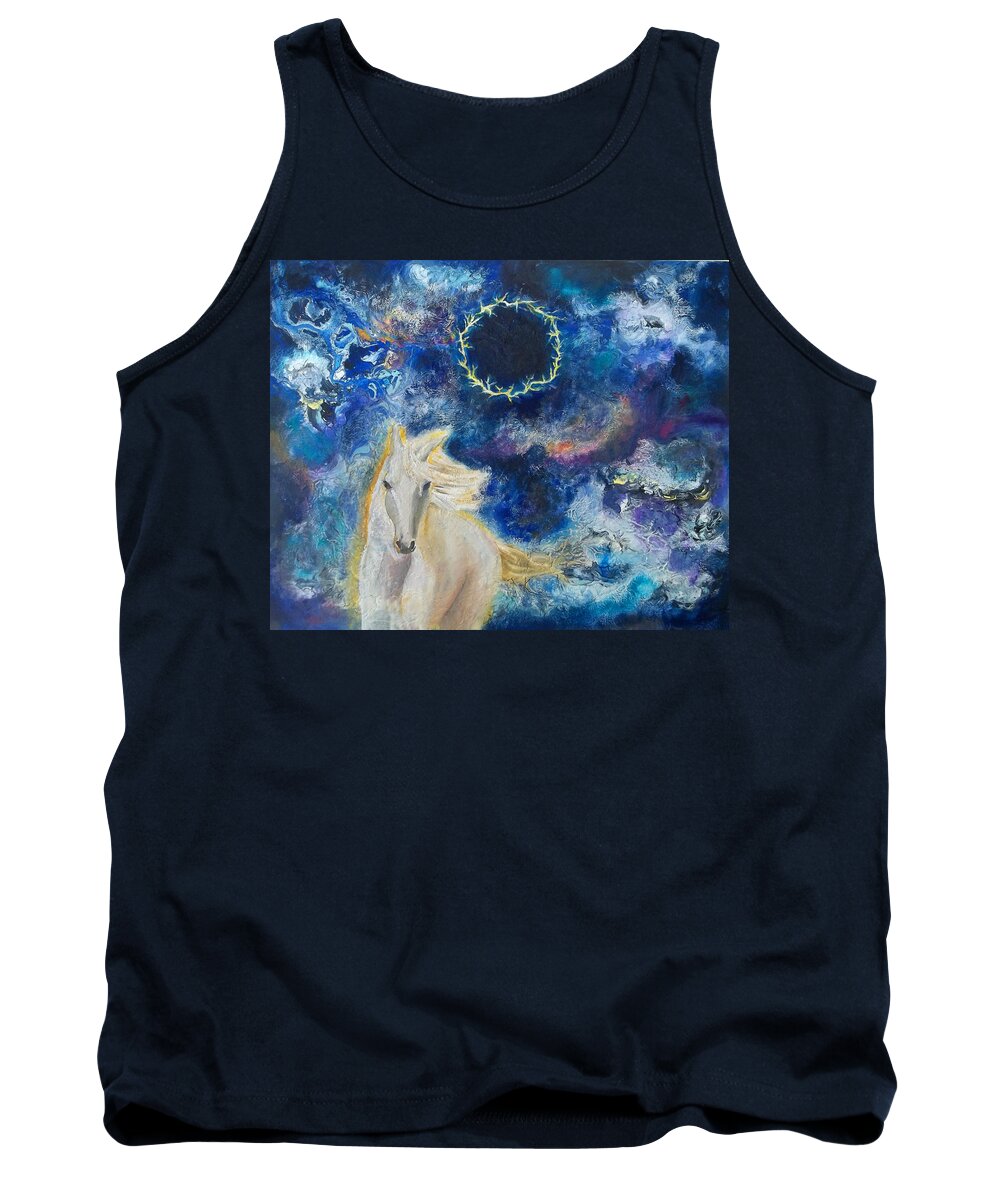 Prophetic Tank Top featuring the painting Prophetic Message Sketch Painting 6 Ring of Lightning White Horse by Anne Cameron Cutri