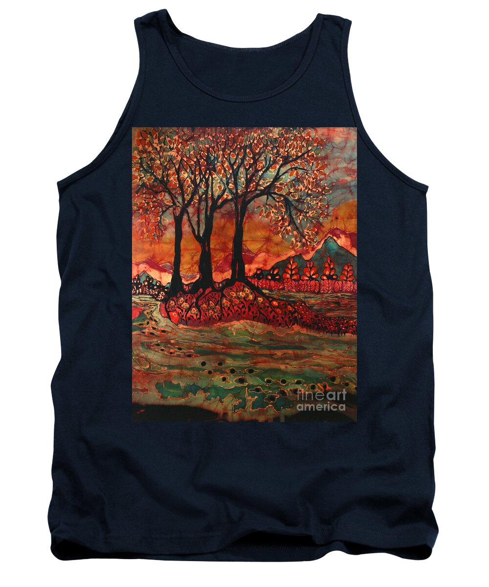 Landscape Tank Top featuring the tapestry - textile River Sunrise - Lothlorien by Carol Law Conklin