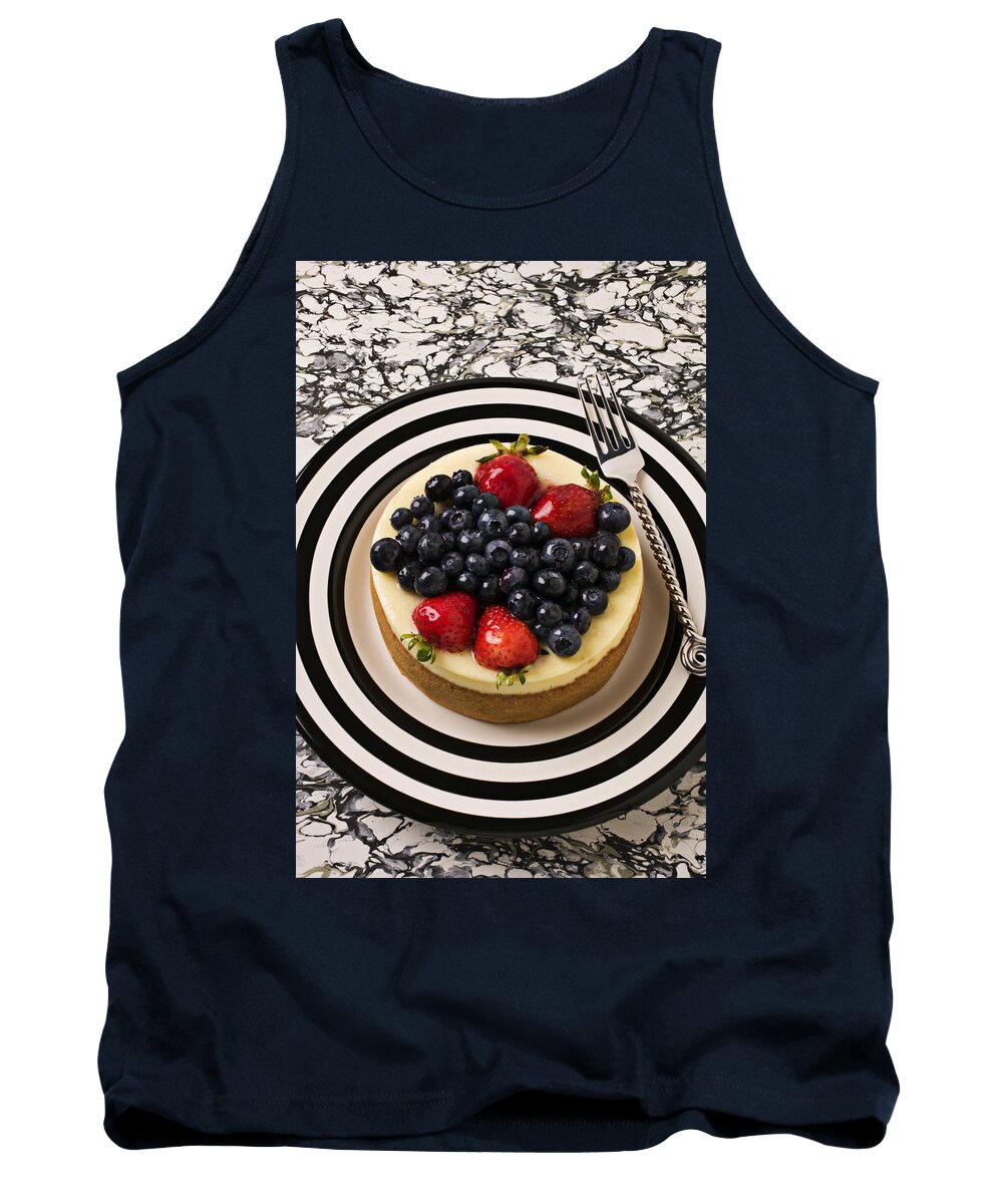 Cheesecake Desert Plate Tank Top featuring the photograph Cheese cake on black and white plate by Garry Gay