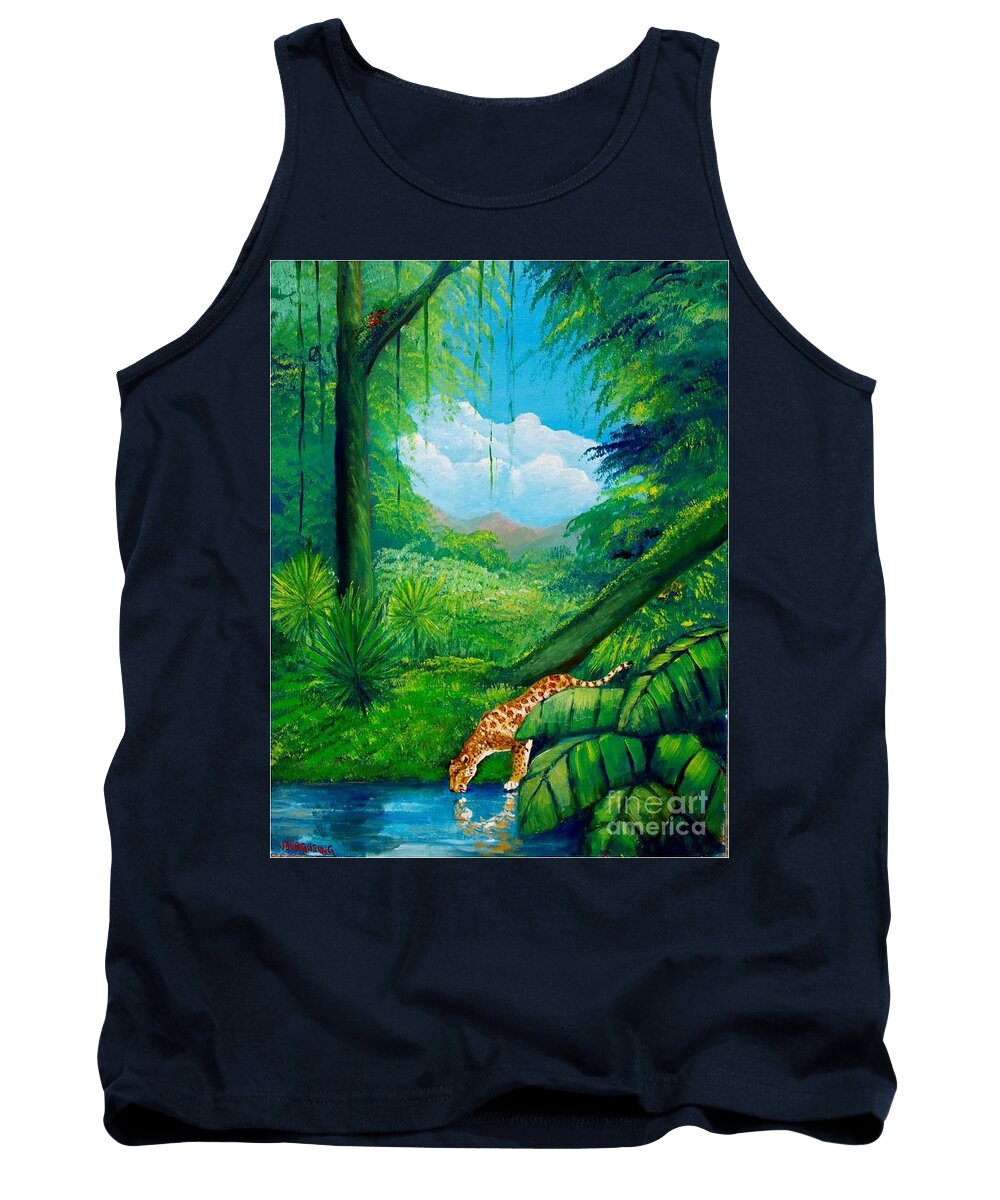 Rain Forest Tank Top featuring the painting Jaguar drinking water by Jean Pierre Bergoeing