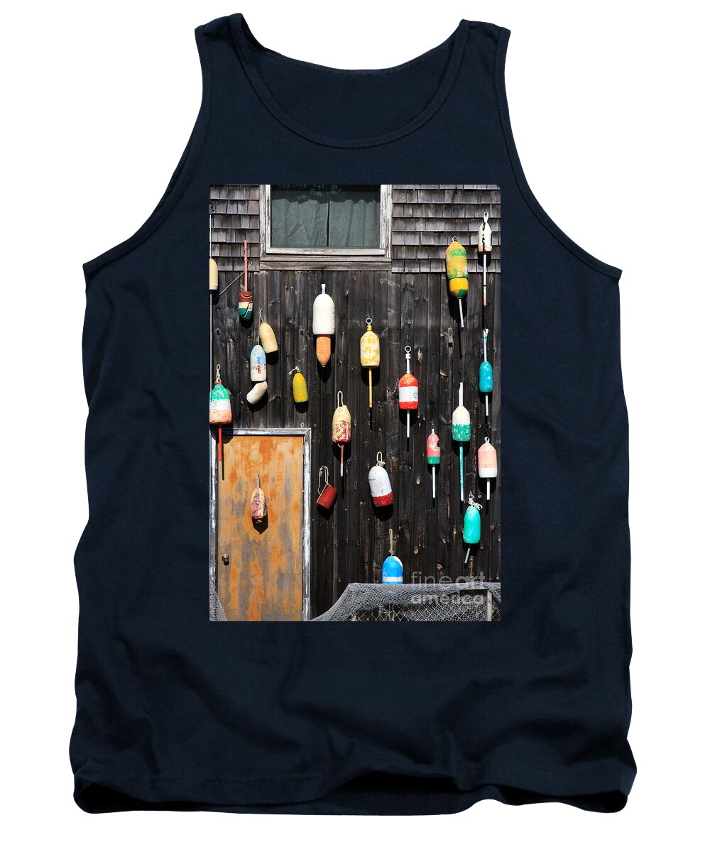 Bar Harbor Tank Top featuring the photograph Lobster Shack with Brightly Colored Buoys by Karen Lee Ensley