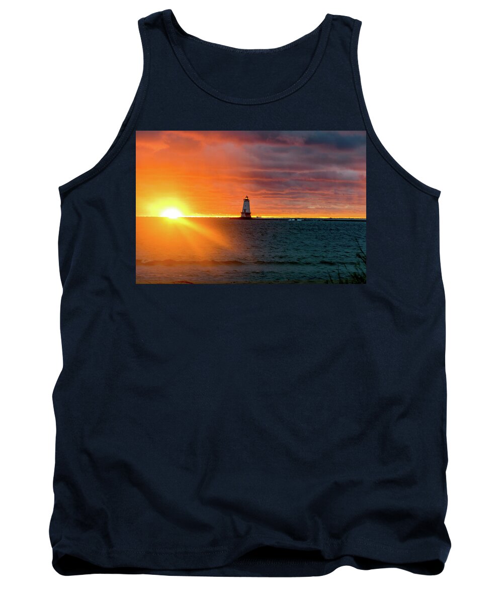 Ludington Mi Tank Top featuring the photograph Sunset and Lighthouse #1 by Lester Plank