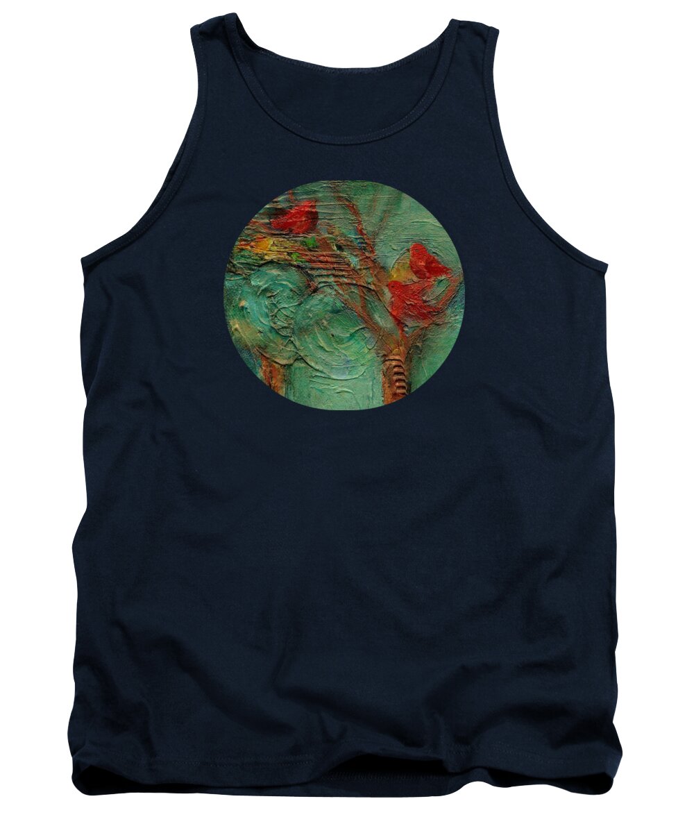 Whimsical Bird Painting Tank Top featuring the painting A Home in the Woods by Mary Wolf