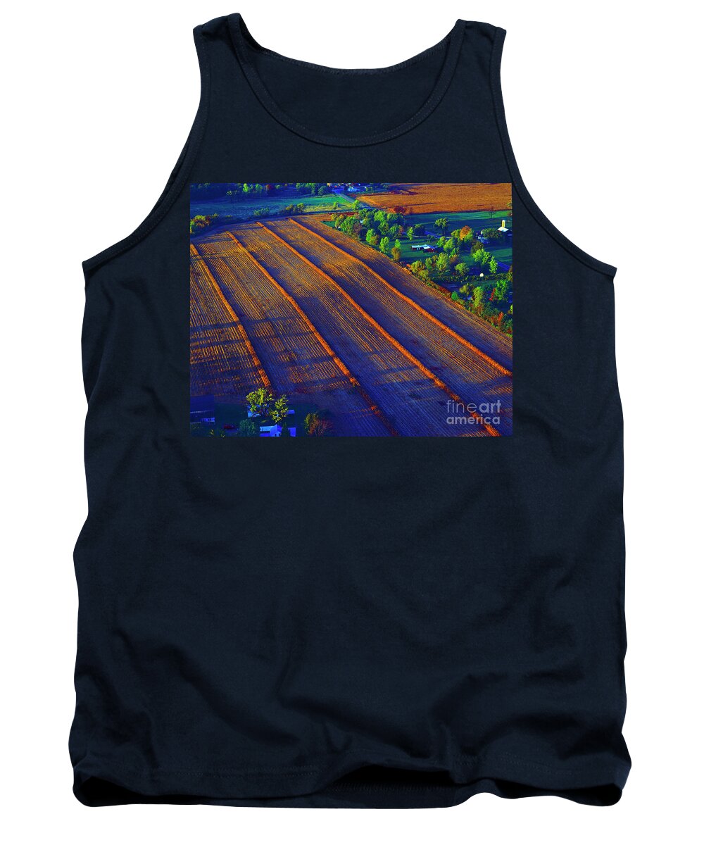 Aerial Tank Top featuring the photograph Aerial Farm field harvested at sunset by Tom Jelen