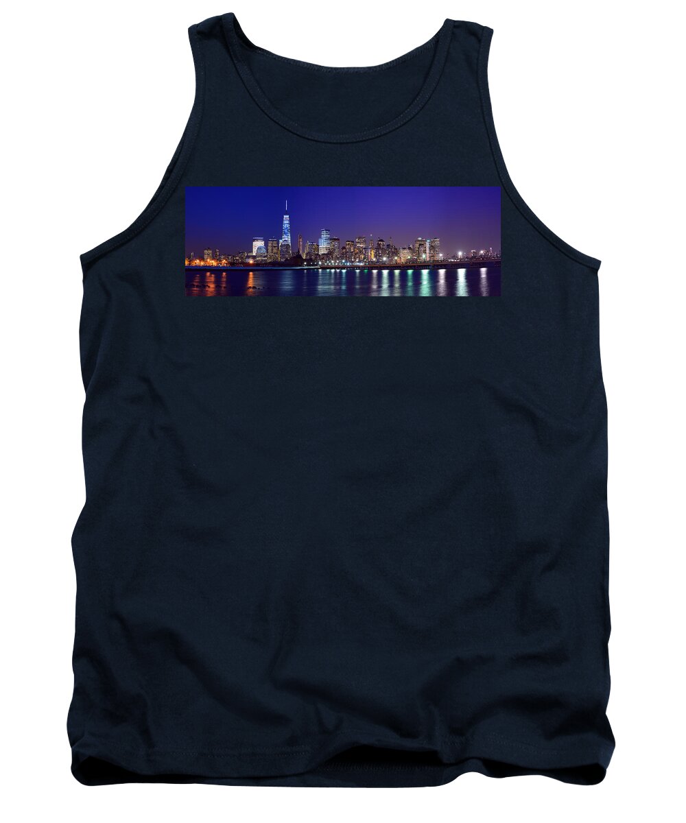 Blue Hour Panorama World Trade Center Tank Top featuring the photograph Blue Hour Panorama New York World Trade Center with Freedom Tower from Liberty State Park by Raymond Salani III