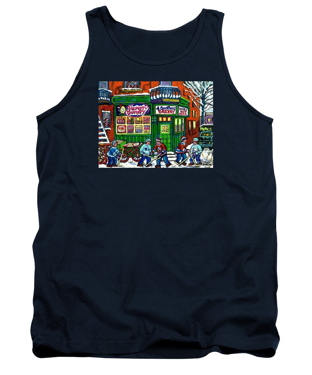 Montreal Tank Top featuring the painting Corner Store Paintings Vintage Grocery Humpty Dumpty 4 Brothers Hires Root Beer Truck Canadian Art by Carole Spandau