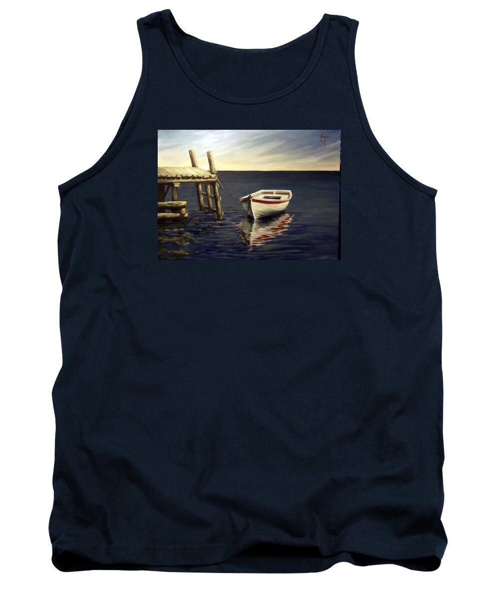 Sea Water Reflection Boat Seascape Coast Evening Dawn Marine Tank Top featuring the painting Evening sea by Natalia Tejera