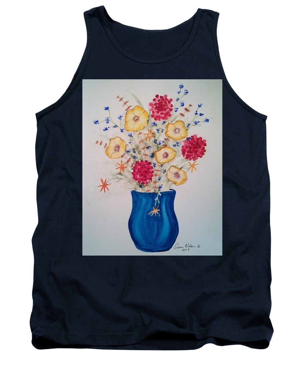 Floral Tank Top featuring the painting Flowers in blue vase 2 by Susan Nielsen