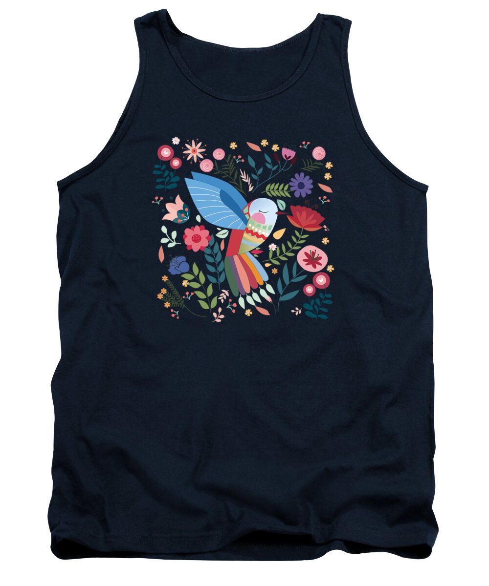 Painting Tank Top featuring the painting Folk Art Inspired Hummingbird With A Flurry Of Flowers by Little Bunny Sunshine