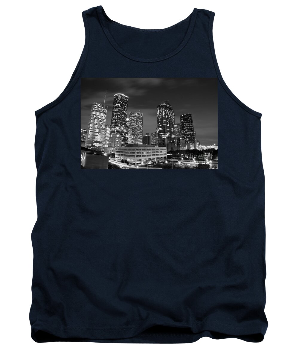 Downtown Tank Top featuring the photograph Houston by night in black and white by Olivier Steiner
