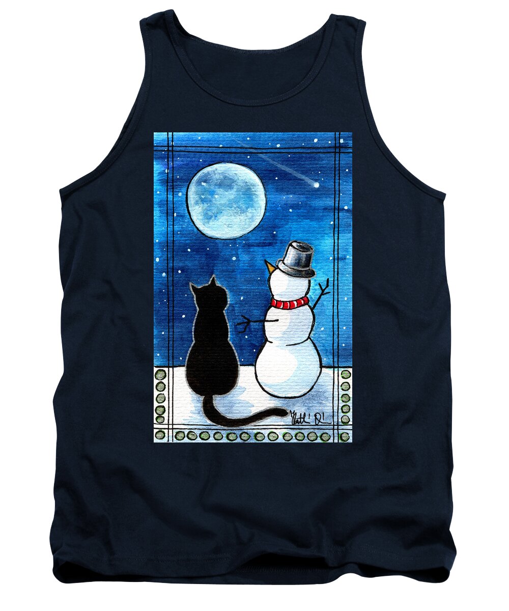 Moon Watching With Snowman Tank Top featuring the painting Moon Watching With Snowman - Christmas Cat by Dora Hathazi Mendes