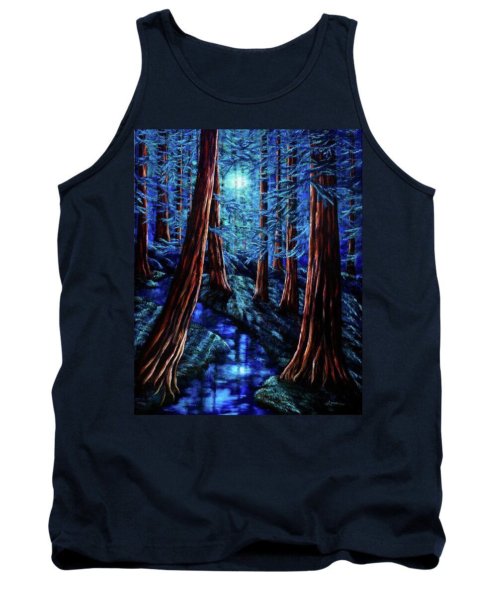 Moon Tank Top featuring the painting Moonrise over the Los Altos Redwood Grove by Laura Iverson