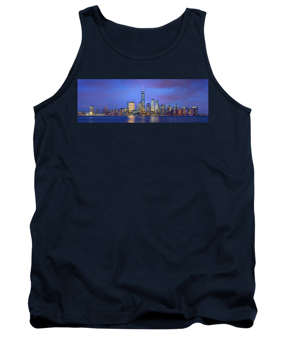 New York City Skyline Dusk Tank Top featuring the photograph New York City 2018 Freedom Tower World Trade Center WTC Lower Manhattan NYC by Jon Holiday