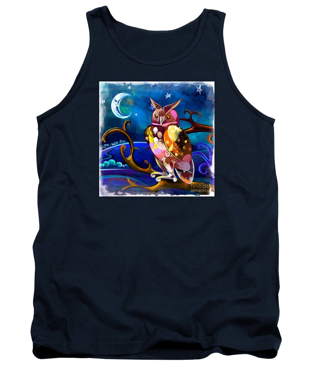 Owl Tank Top featuring the digital art Owl Watching The Moon by Peter Awax