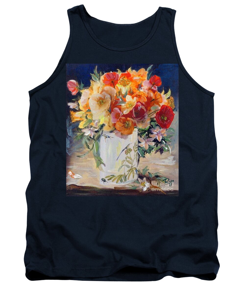 Poppies Tank Top featuring the painting Poppies, clematis, and daffodils in porcelain vase. by Ryn Shell