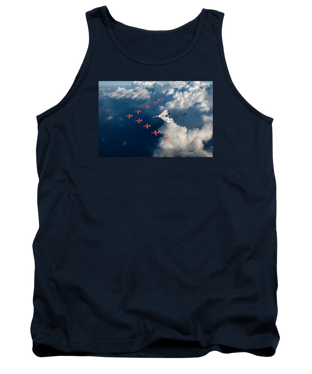 Avro Vulcan Tank Top featuring the photograph Red Arrows and Vulcan above clouds by Gary Eason