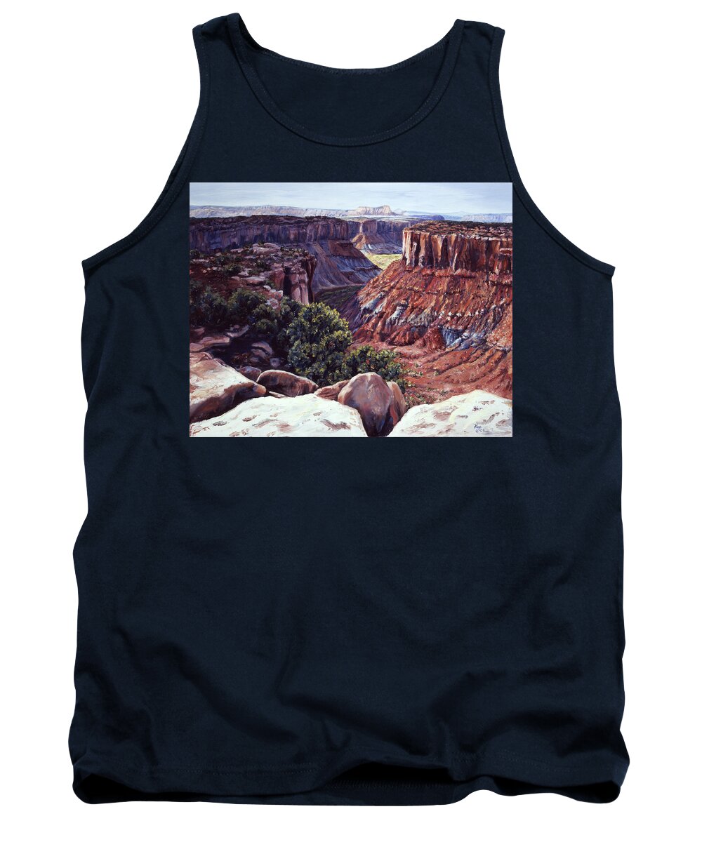 Landscape Tank Top featuring the painting Rimrocked No Way Down by Page Holland