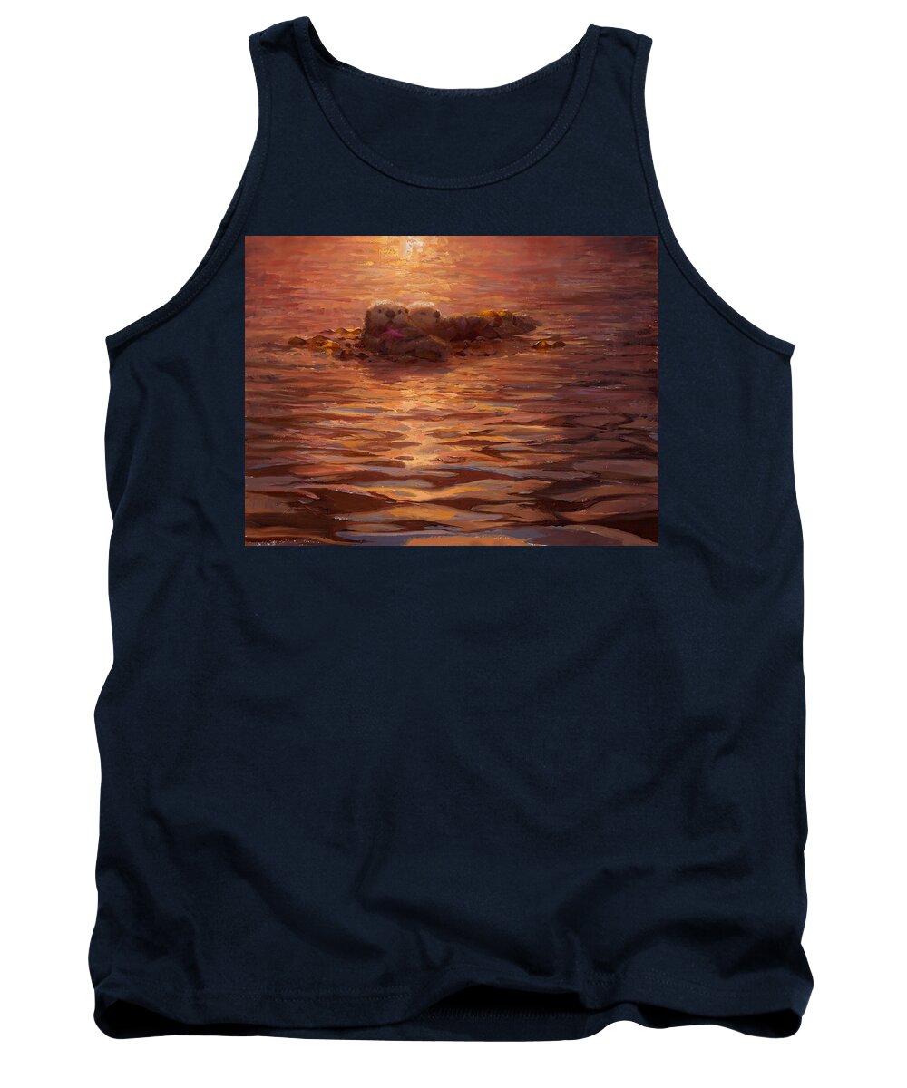 Coastal Decor Tank Top featuring the painting Sea Otters Floating With Kelp at Sunset - Coastal Decor - Ocean Theme - Beach Art by K Whitworth