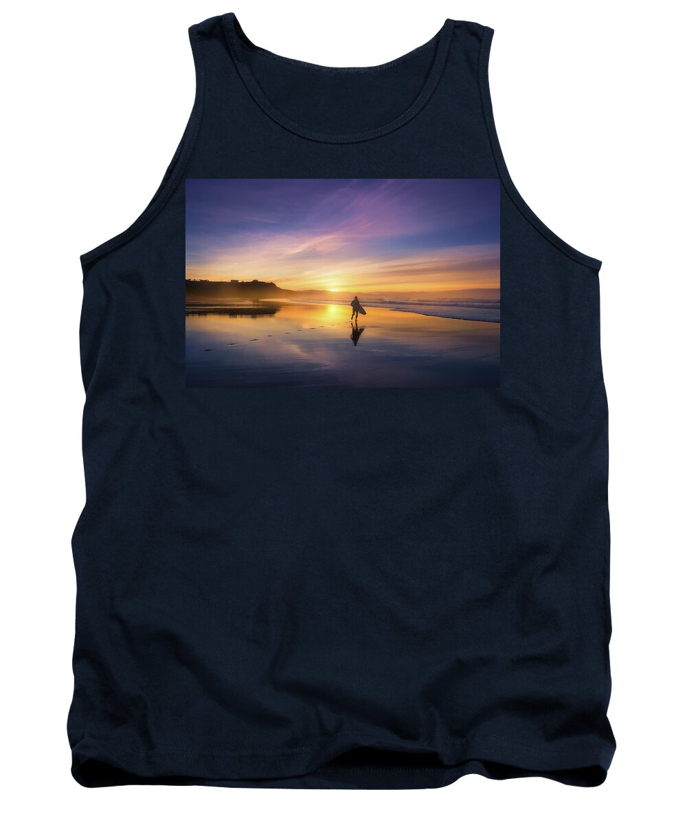 Surfer Tank Top featuring the photograph Surfer In Beach At Sunset by Mikel Martinez de Osaba