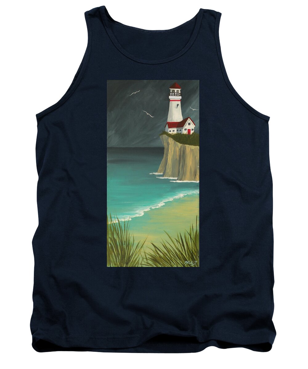 My Dream Home Tank Top featuring the painting The Lighthouse on the Cliff by Micki Findlay