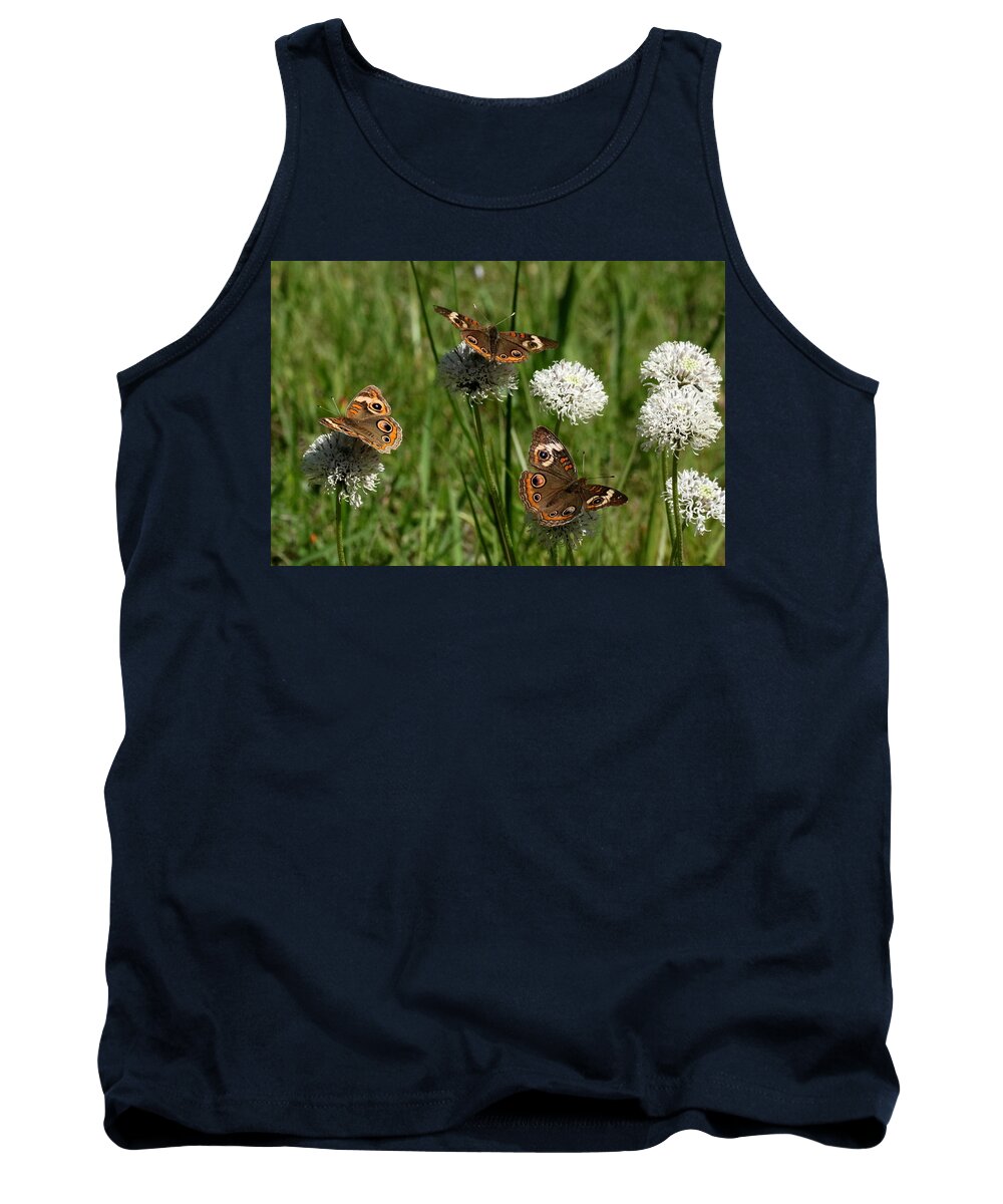 Nature Tank Top featuring the photograph Three Buckeye Butterflies on Wildflowers by Sheila Brown