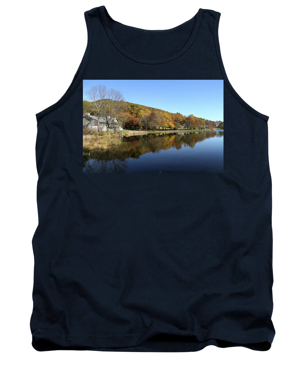 Lake Tank Top featuring the photograph View of Peaks of Otter lodge and Abbott Lake in autumn by Emanuel Tanjala