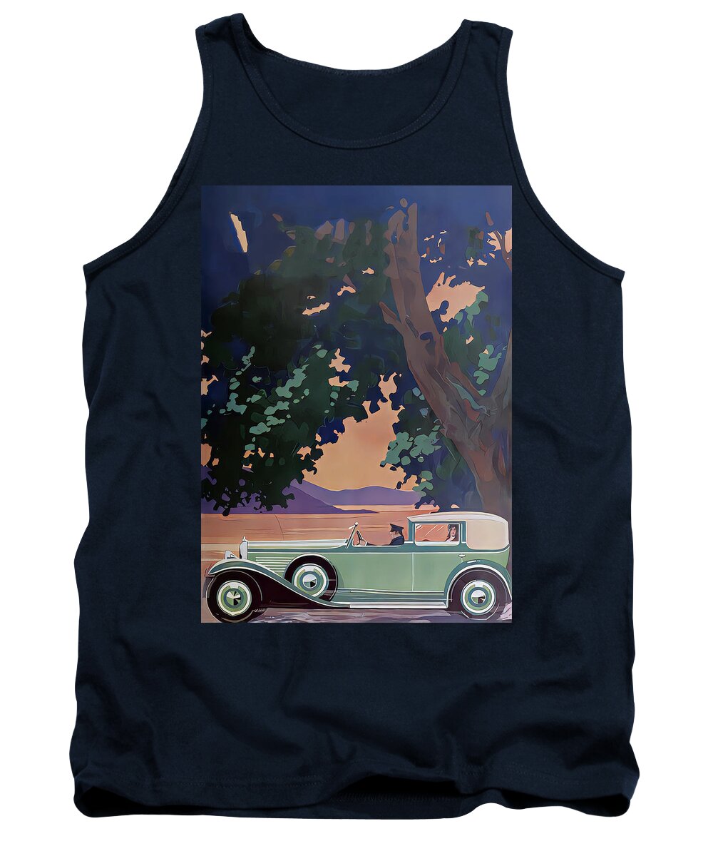 Vintage Tank Top featuring the mixed media 1931 Town Car With Driver And Occupants Lakeside Setting Original French Art Deco Illustration by Retrographs