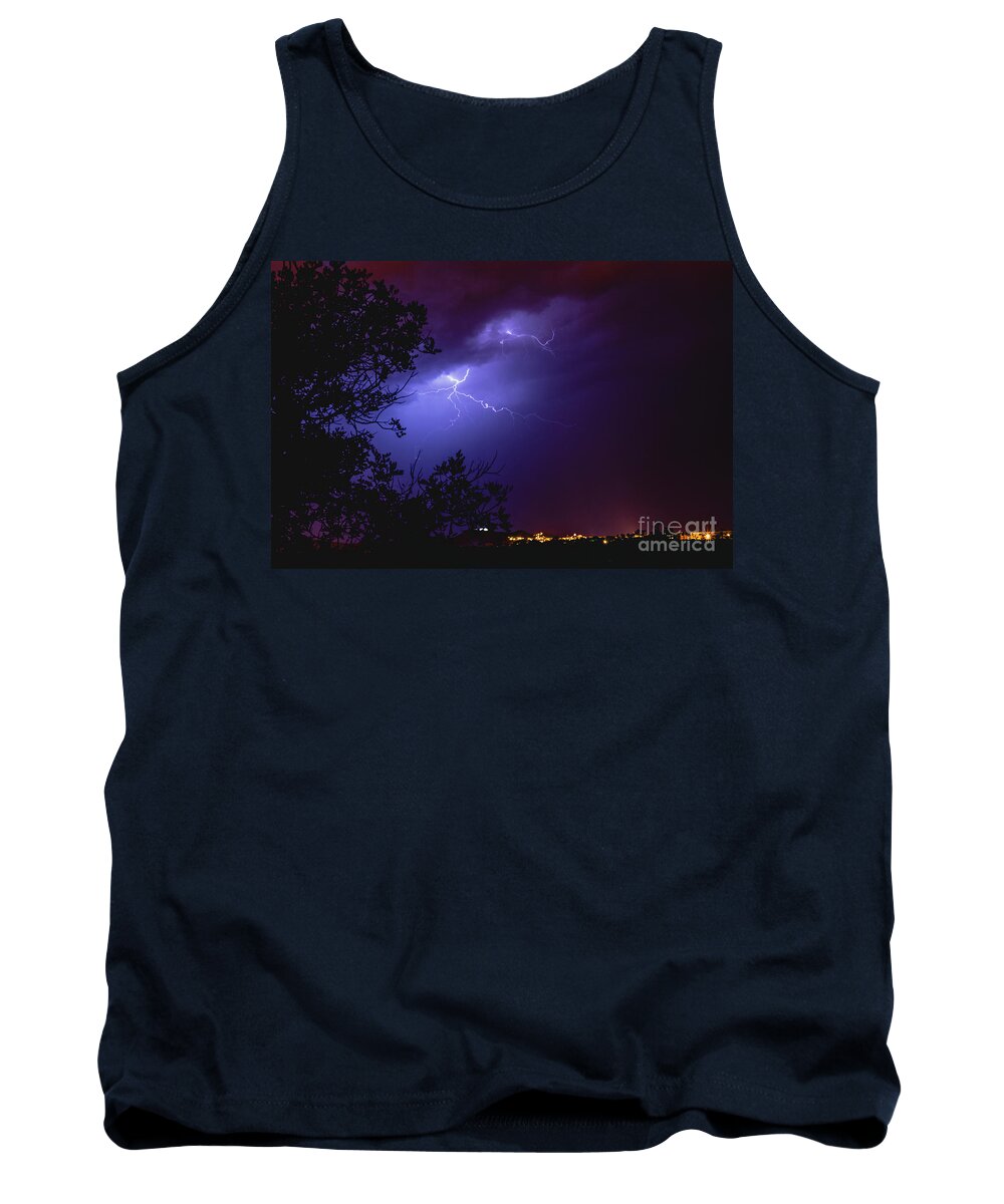 Background Tank Top featuring the photograph Rays in a night storm with light and clouds. #5 by Joaquin Corbalan
