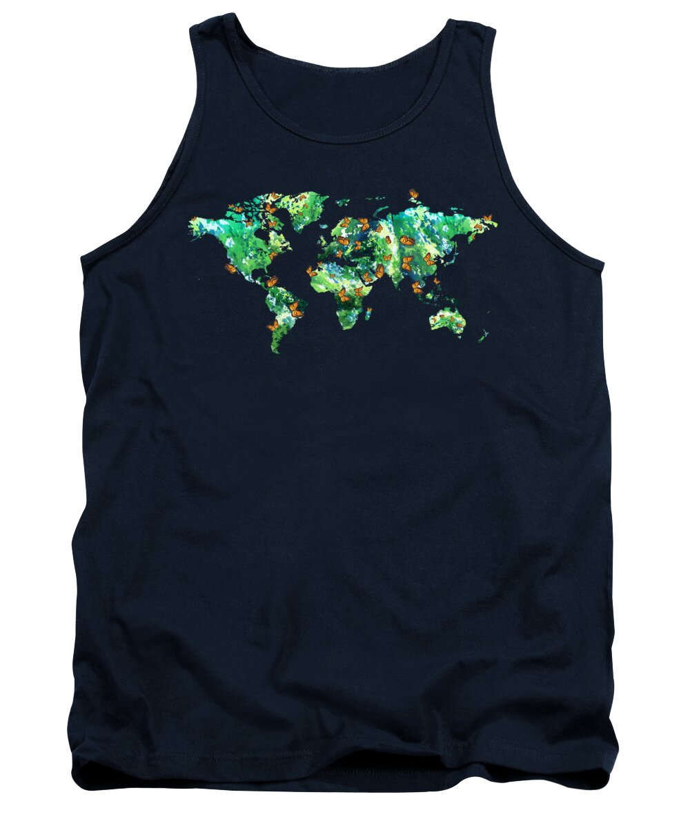 Butterfly Tank Top featuring the painting Butterflies And Watercolor Silhouette World Map Colorful PNG XV by Irina Sztukowski