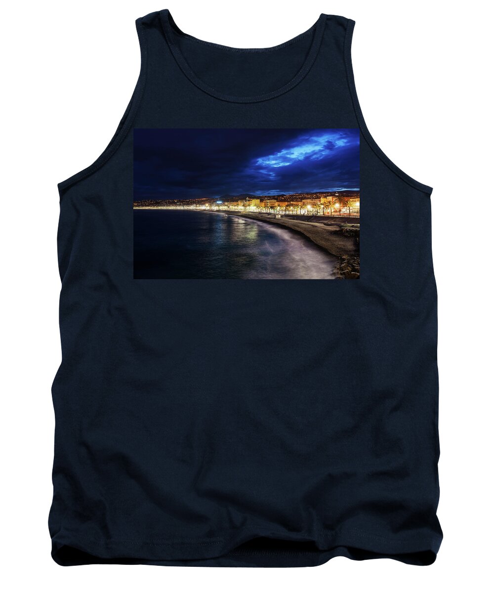 Nice Tank Top featuring the photograph City of Nice Skyline at Night in France by Artur Bogacki