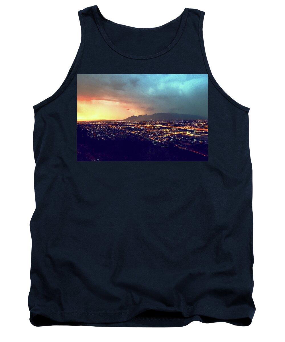 City Tank Top featuring the photograph Lights of Tucson, Arizona during Monsoon Sunset Rains by Chance Kafka