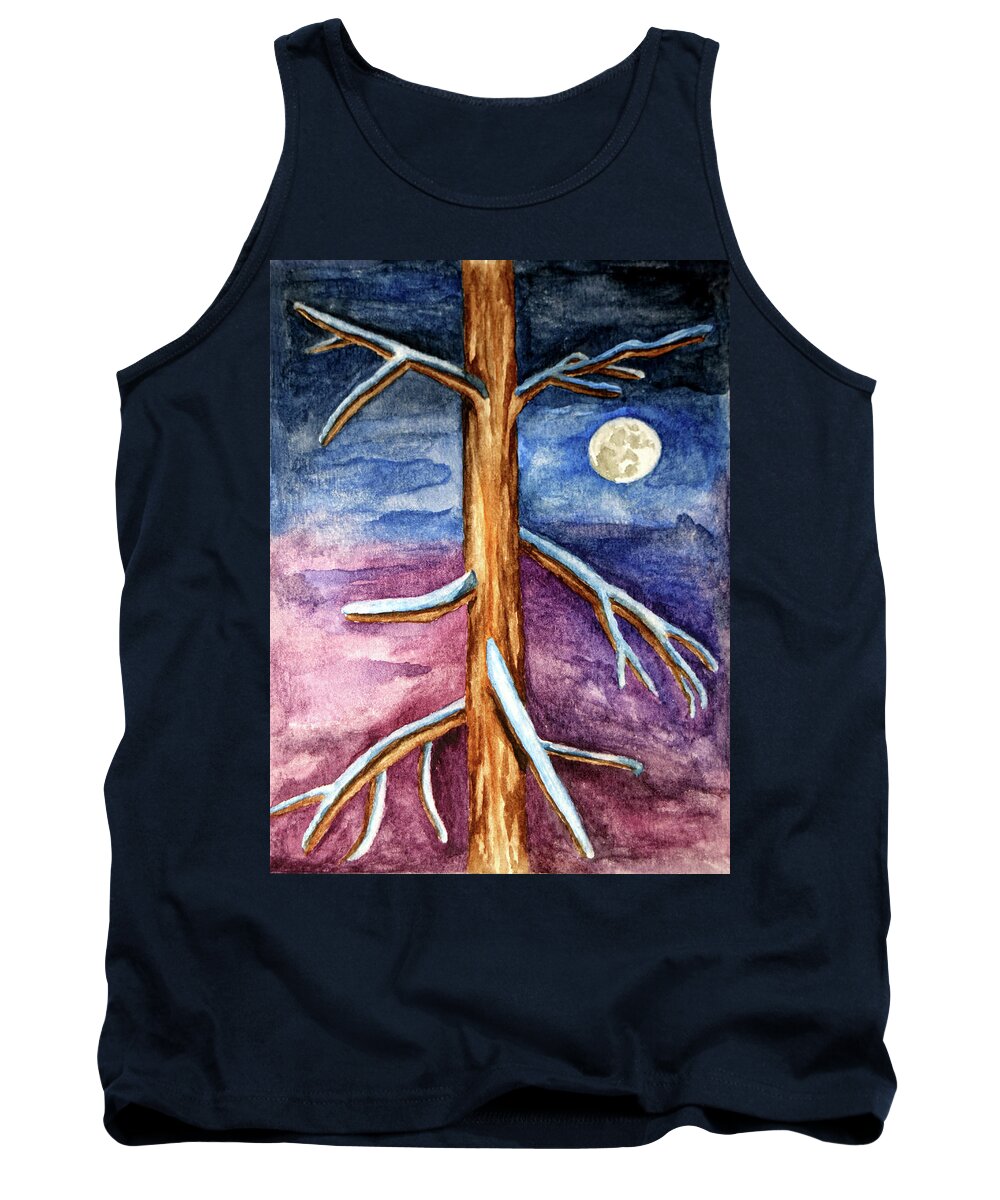Nature Tank Top featuring the painting Tree in Winter Moonlight by Robert Morin