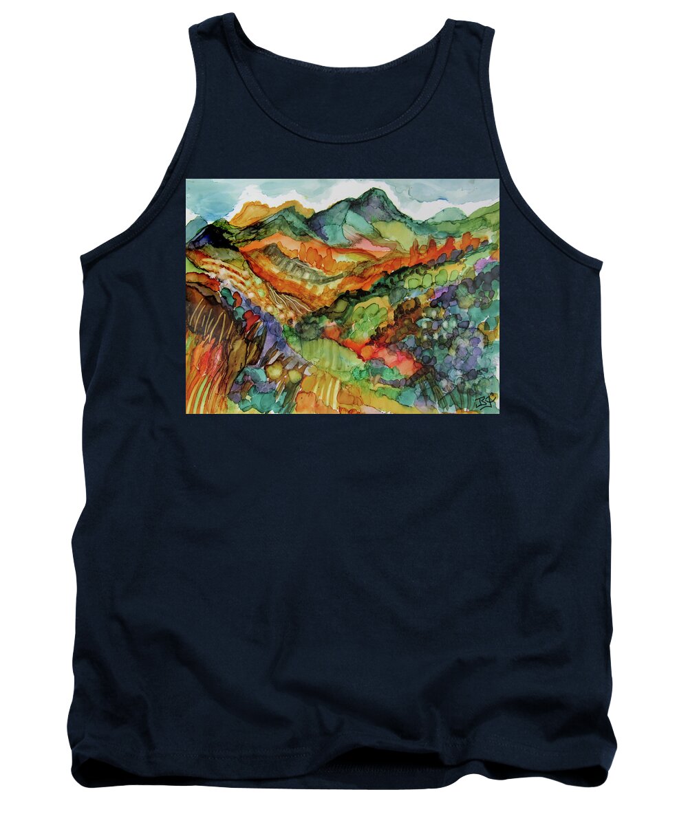 Alcohol Ink Tank Top featuring the painting Autumn Valley Hills by Jean Batzell Fitzgerald