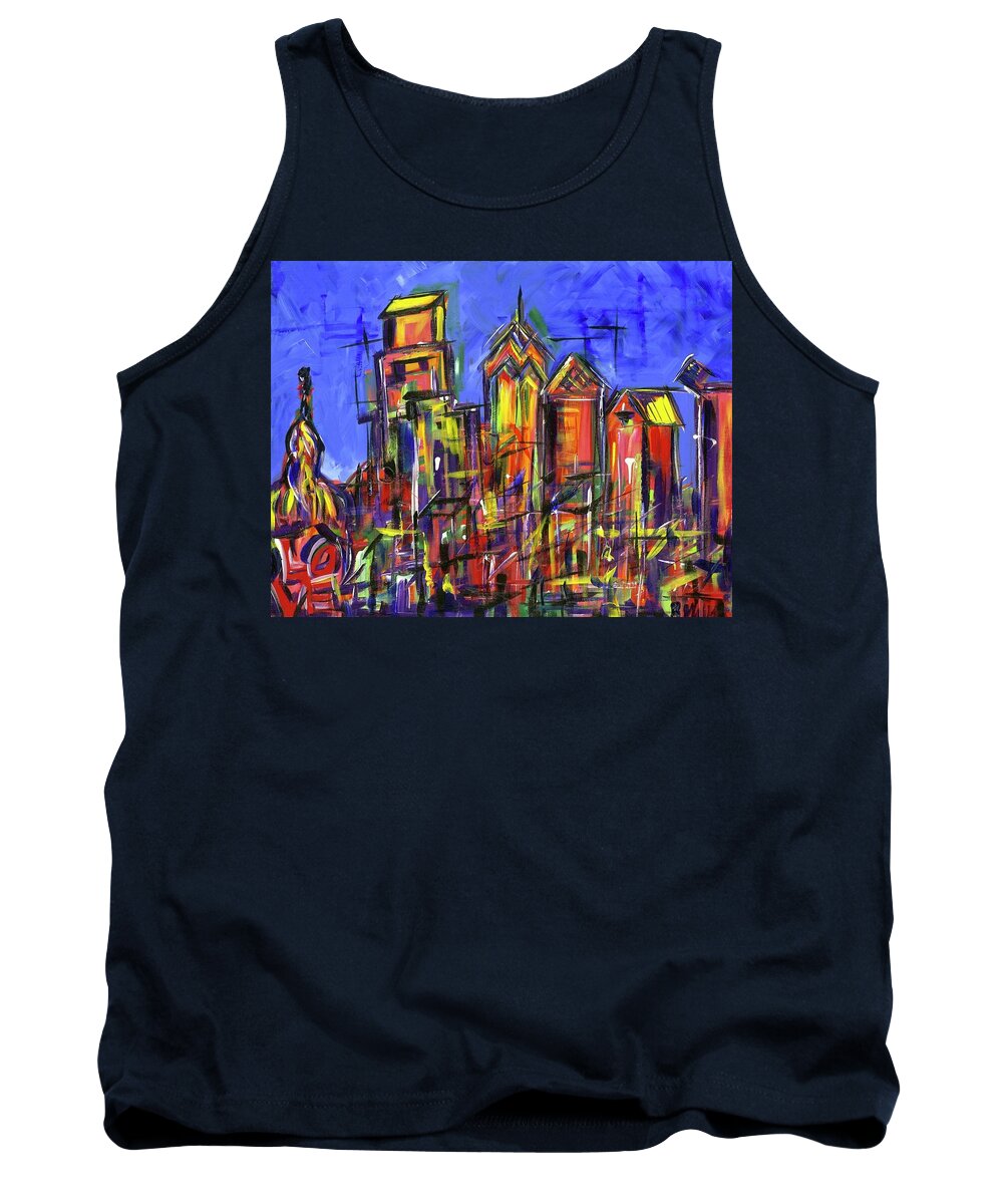 Philly Tank Top featuring the painting Blue Philadelphia Skyline with Love by Britt Miller