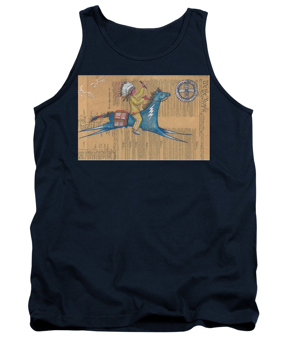 Ledger Art Tank Top featuring the drawing Blue Pony on Constitution by Robert Running Fisher Upham
