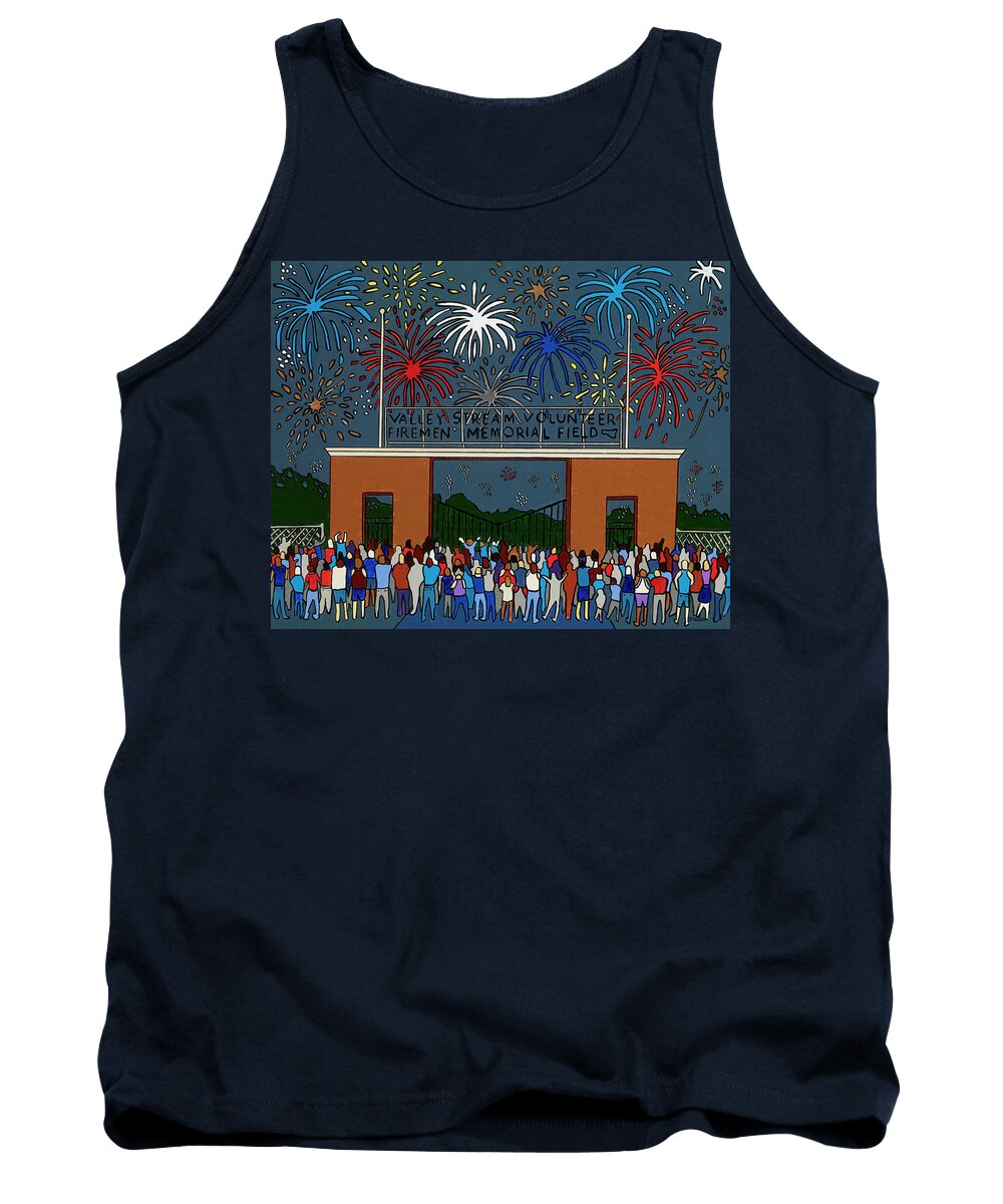 4thof July Independence Day Fireworks Firemen's Field Valleystream Newyork Tank Top featuring the painting Fireworks at Firemen's Field by Mike Stanko