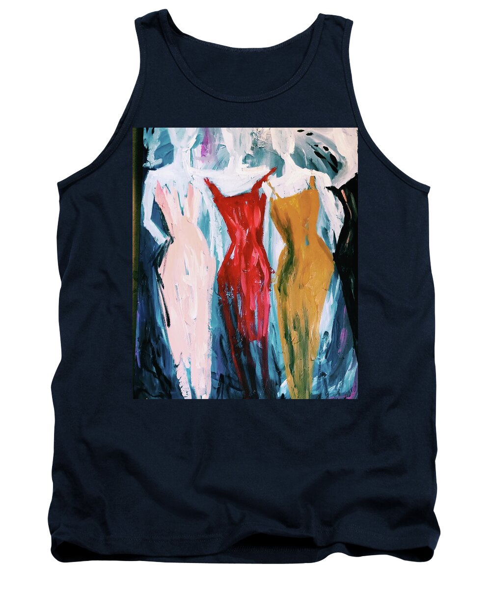 Ladies Bold Bright Dance Glam Glamour Wall Art Red Mustard Pink Black Blue Dancing Tank Top featuring the painting Ladies Night by Meredith Palmer