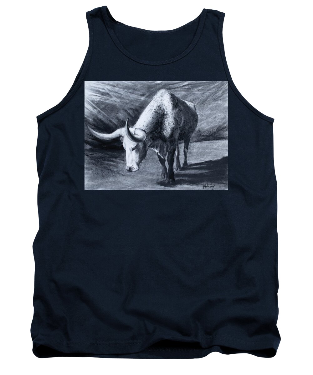 Cow Tank Top featuring the drawing Longhorn Cow Approaching by Jordan Henderson